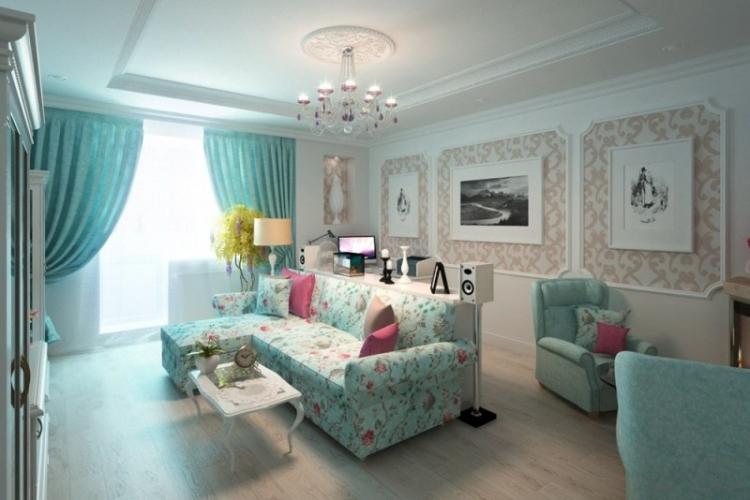 Бирюзовый цвет в интерьере гостиной