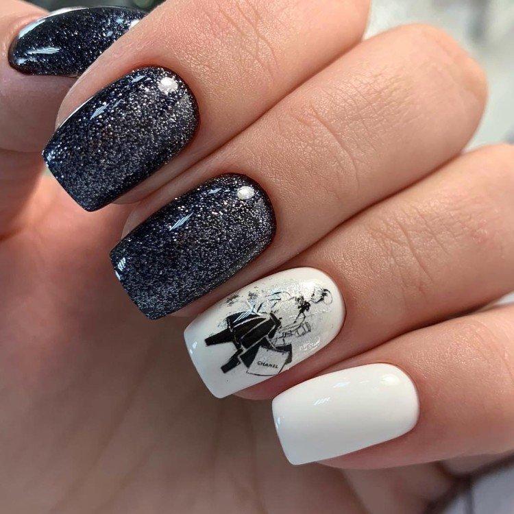 Блестки - Черно-белый маникюр