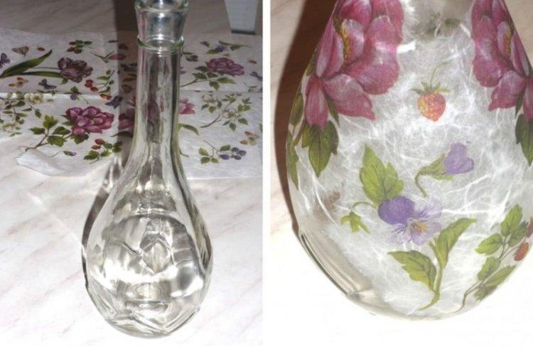 Декупаж бутылки рисовой бумагой - фото и идеи