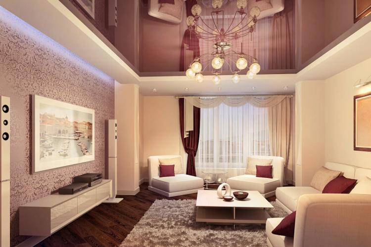 Двухуровневые натяжные потолки в гостиной