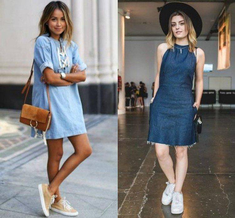 Джинсовое платье с кроссовками