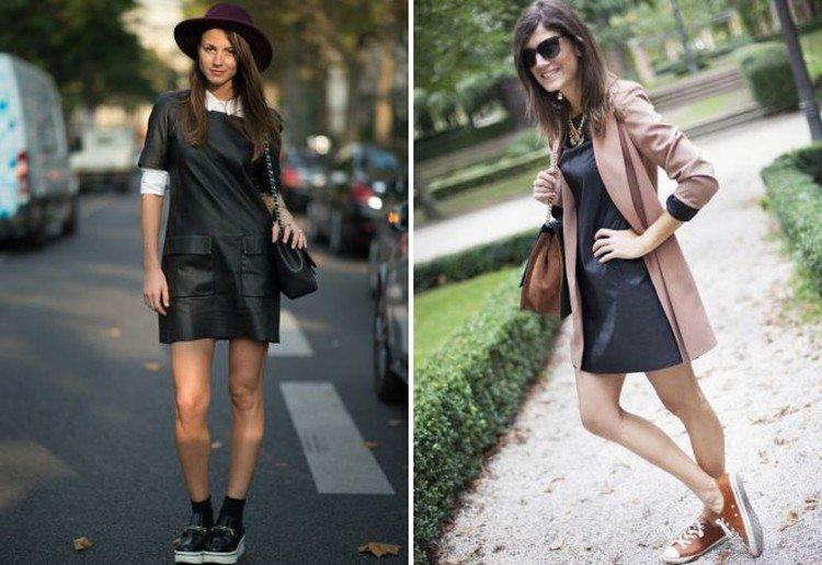 Кожаное платье с кроссовками