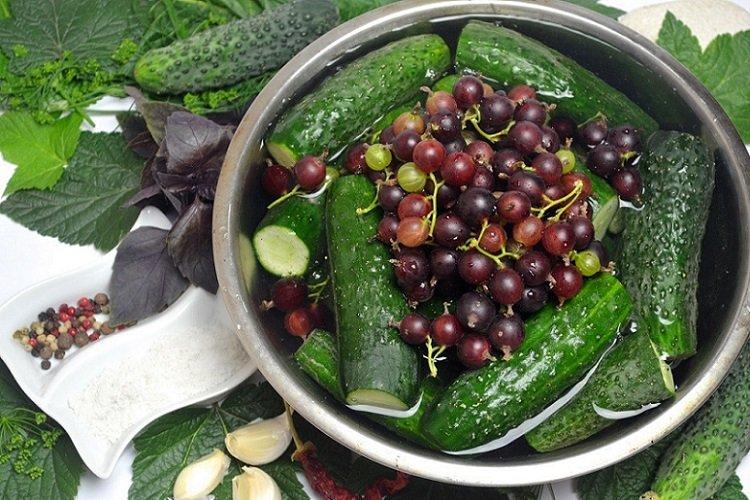 Маринованные огурцы с крыжовником и базиликом