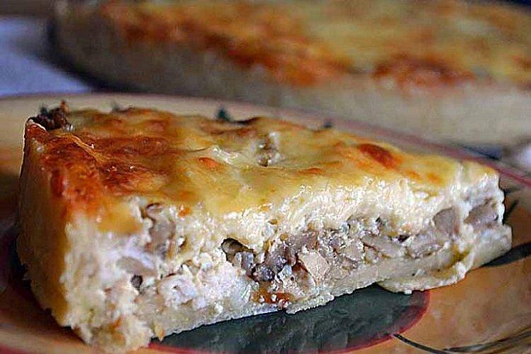 Заливной пирог на кефире с курицей и грибами