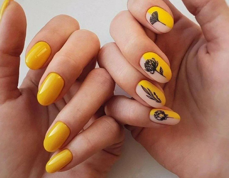 Желтый, оранжевый и горчичный маникюр