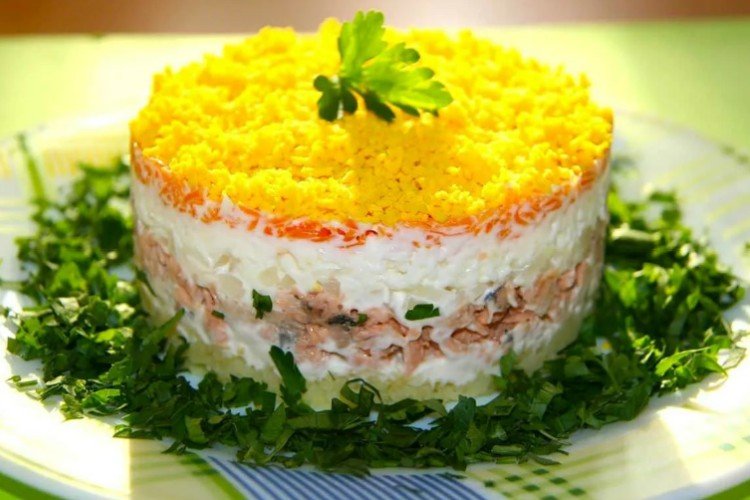 Мимоза с консервированной горбушей, яйцами и плавленым сыром