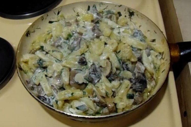 Жареная картошка с опятами в сливках