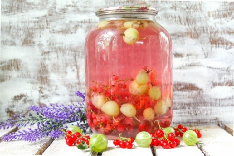 Компот из крыжовника и красной смородины с мятой