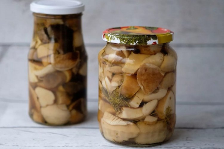 Маринованные белые грибы с листьями вишни и смородины