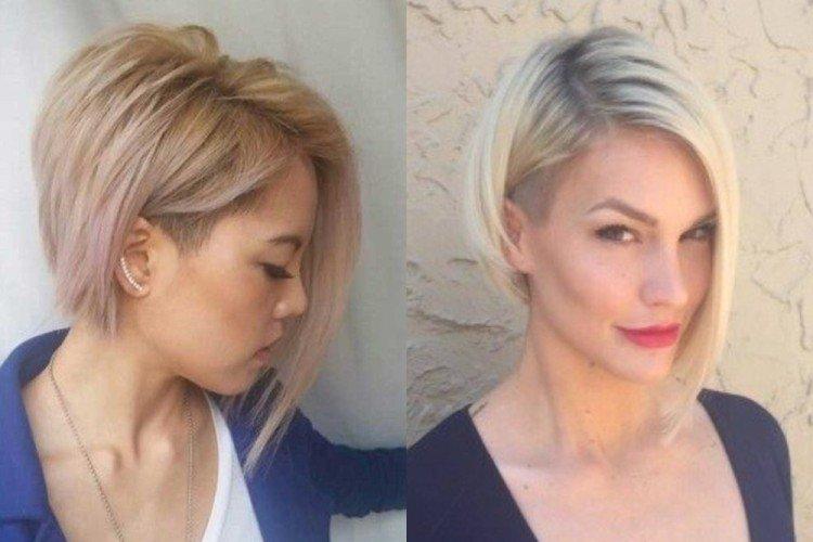 Градуированное каре с выбритым виском на средние волосы