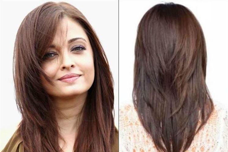 Каскад на средние волосы с длинной челкой