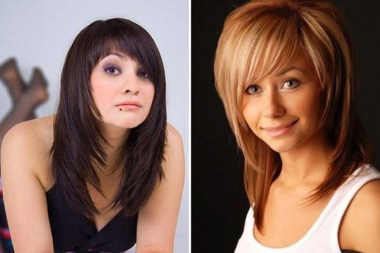 Каскад на средние волосы с челкой на бок