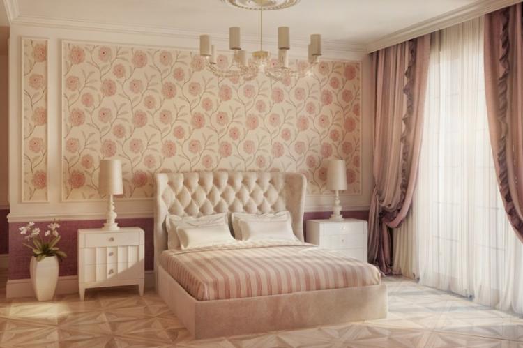 Горизонтальное комбинирование обоев в спальне