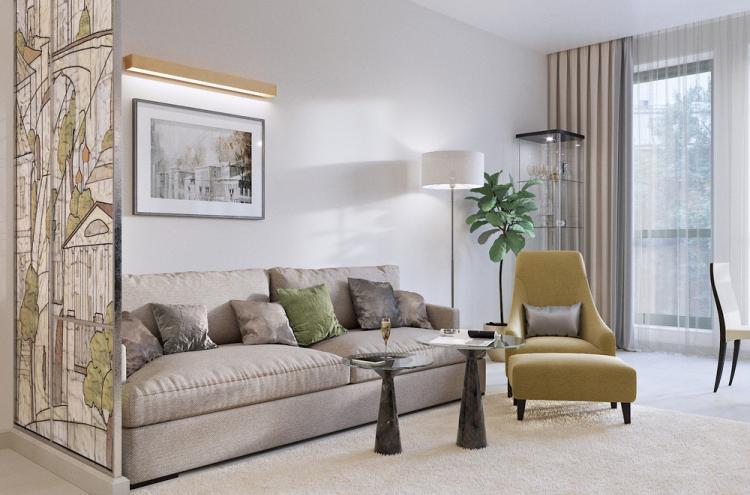 Интерьер кухни-гостиной в светлых тонах, 40 кв.м.