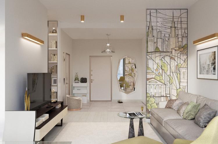 Кухня-гостиная в светлых тонах, 40 кв.м. - дизайн интерьера