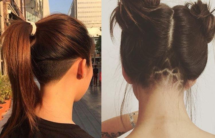 Лесенка на средние волосы с челкой и выбритым затылком