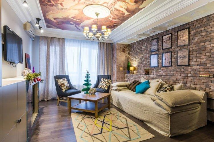 Натяжные потолки с фотопечатью в зале (гостиной)