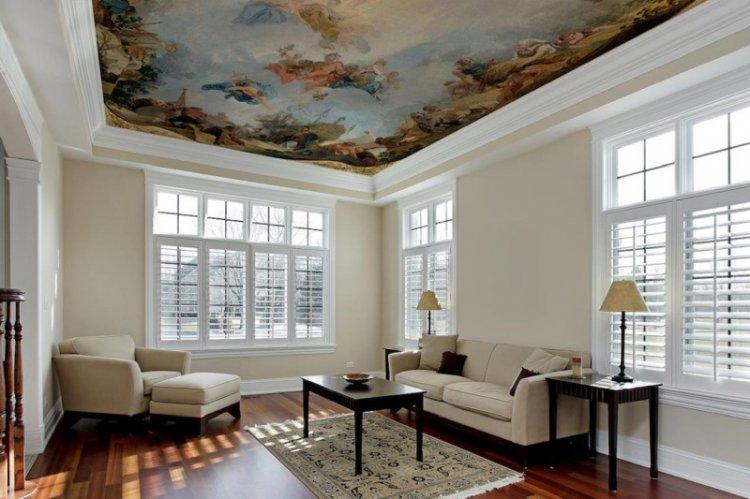 Натяжные потолки с фотопечатью в зале (гостиной)