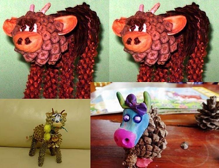 Бычок - Новогодние поделки из шишек для детей