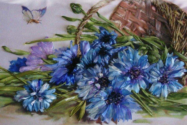 Василек - Вышивка лентами для начинающих пошагово