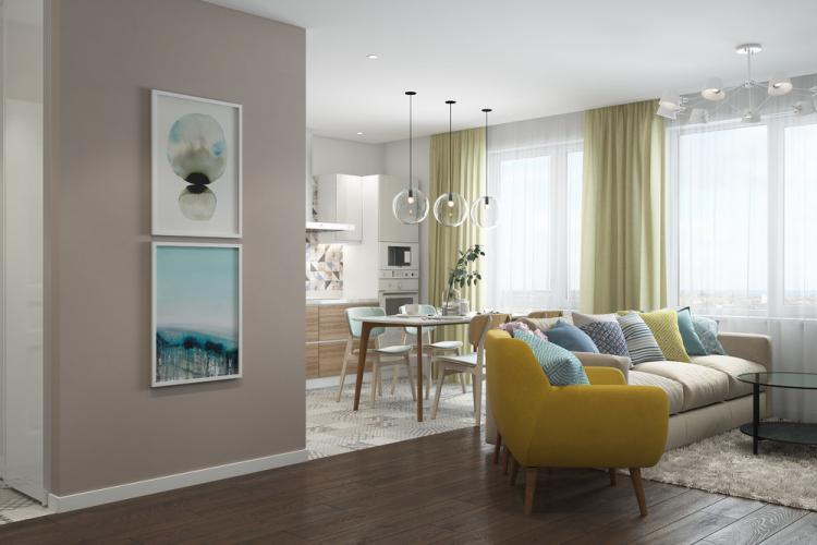 Яркая кухня-гостиная в скандинавском стиле - дизайн интерьера