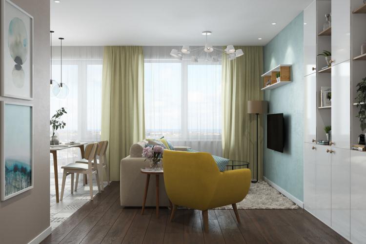 Яркая кухня-гостиная в скандинавском стиле - дизайн интерьера