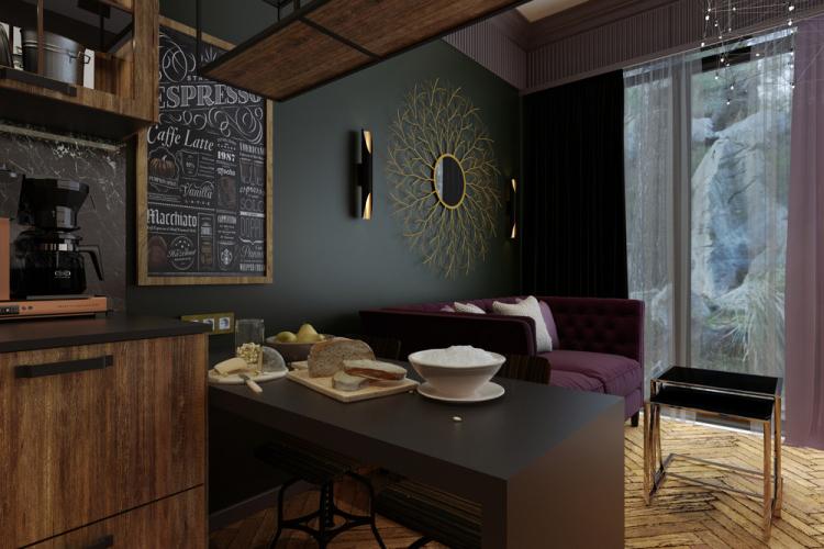 «Зелёный берег»: Дизайн кухни-гостиной