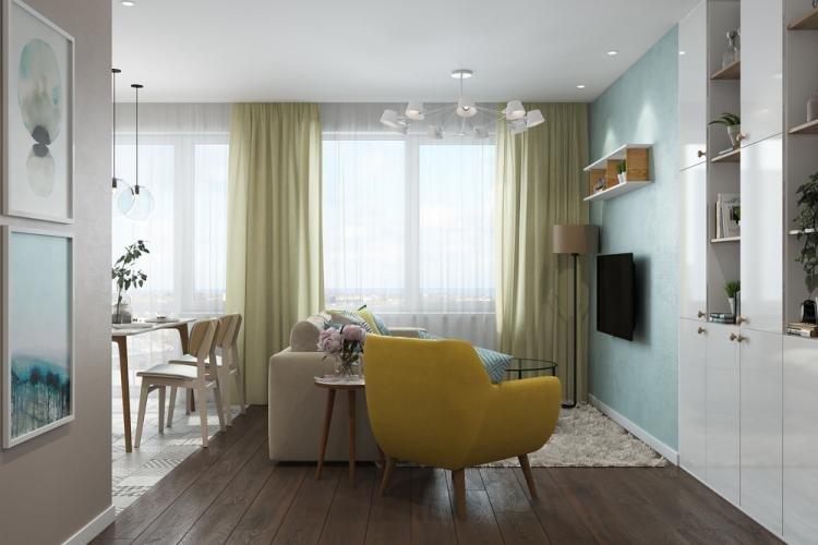 Зонирование кухни и гостиной цветом и материалами